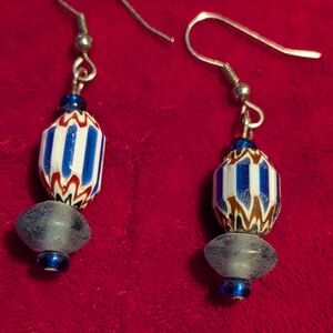 Artisan Blue and White Striped Beaded Earrings